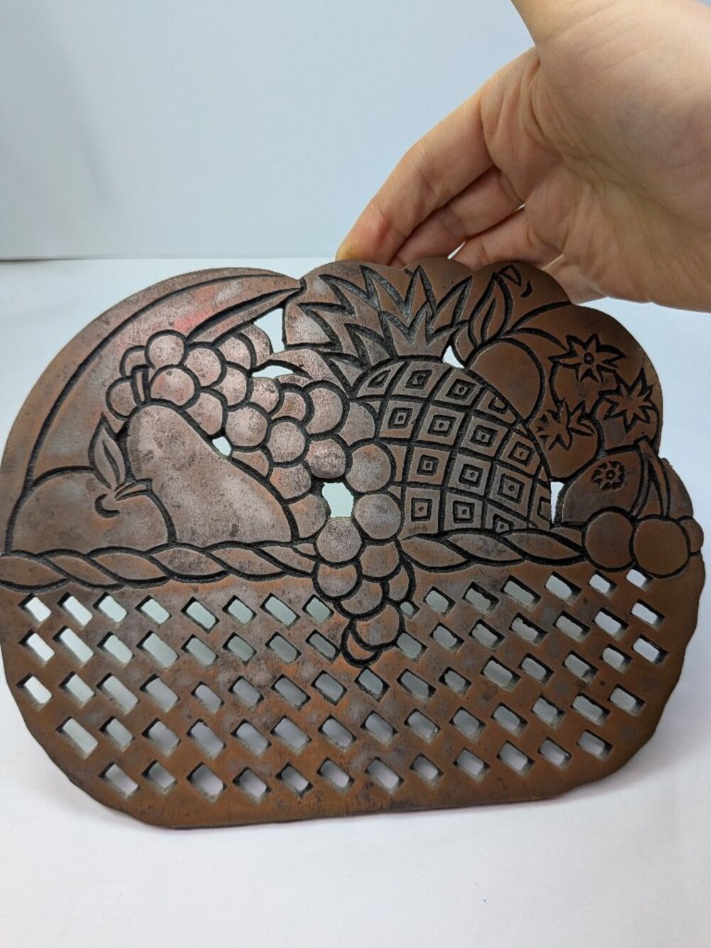 VTG 1983 Himark Copper Fruit Basket Trivet Dark Rustic Patina Pineapple Wall